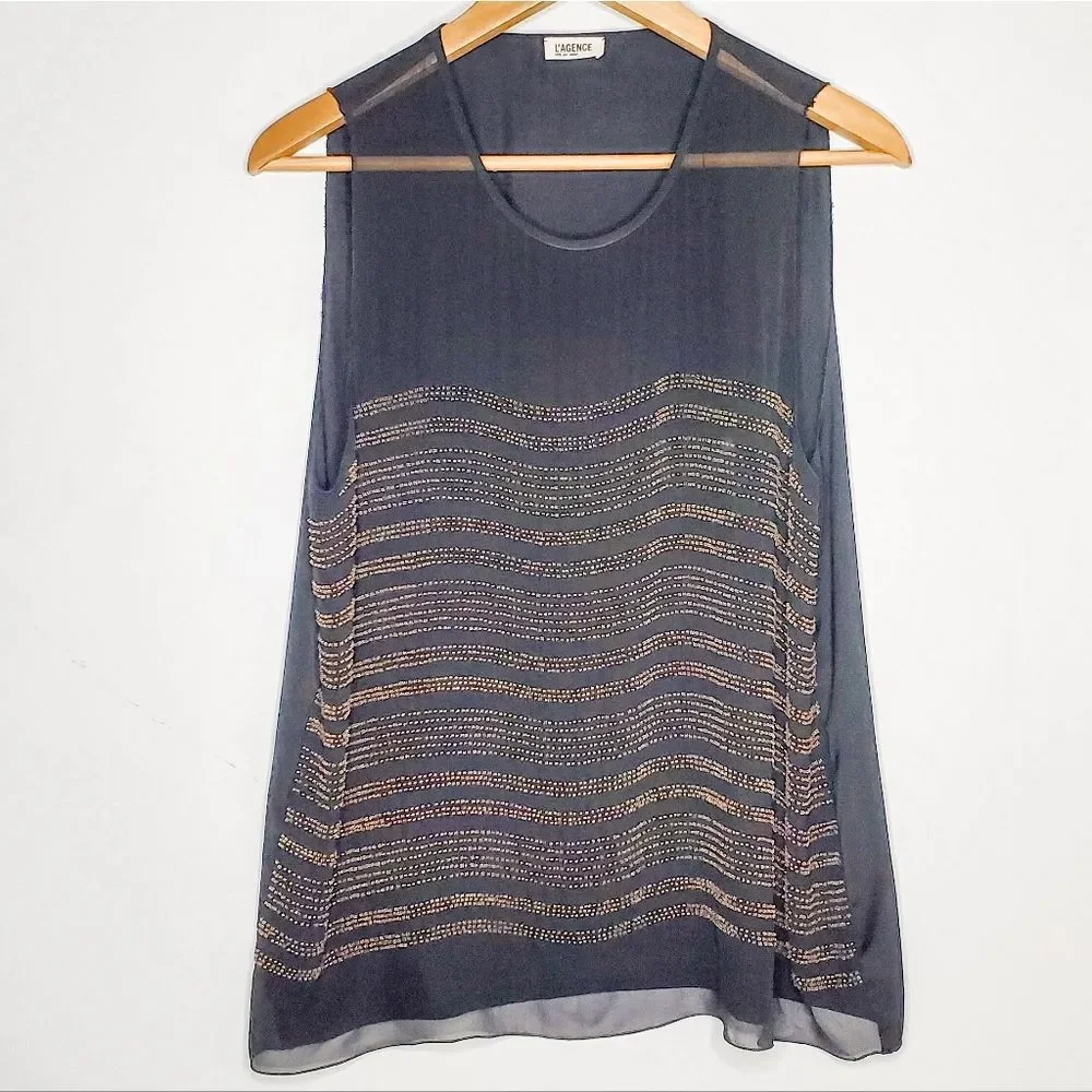 L’Agence Black Sheer 100% Silk Gold Sleeveless Tank Blouse Top Size 8 M